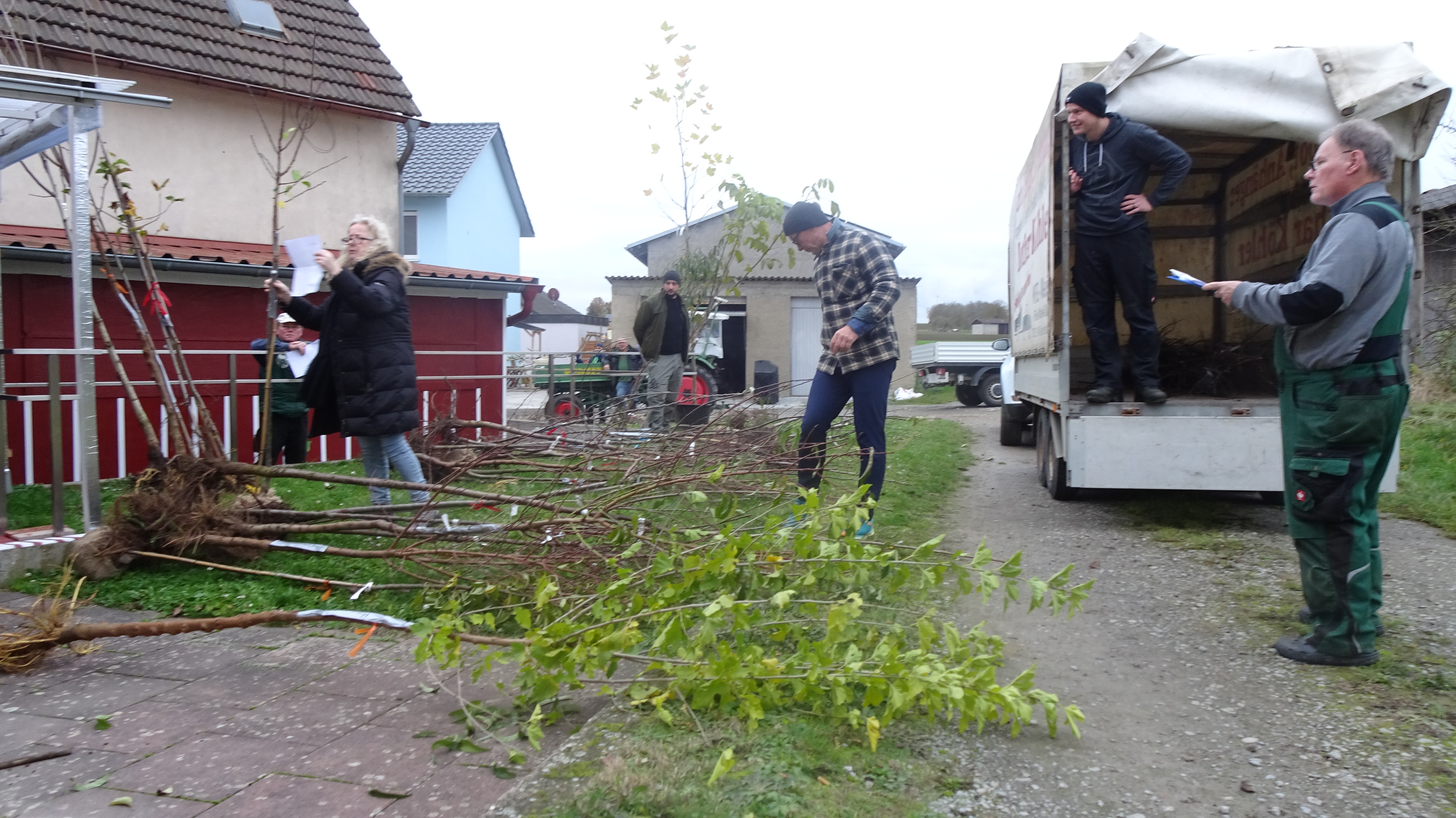 Hinter der Eigenheimerhalle. Teilnehmer der Aktion suchen ihre Bäume.